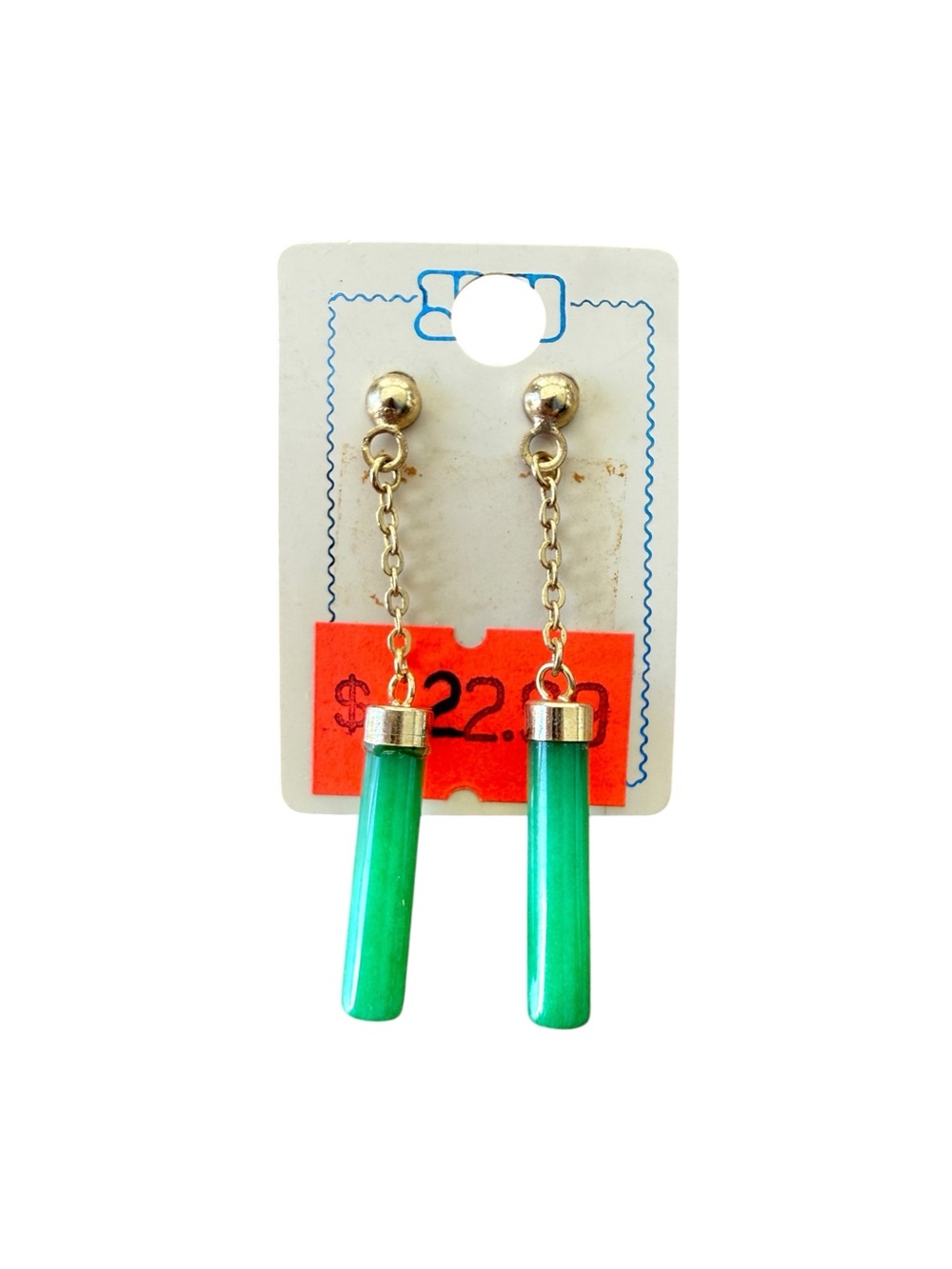Vintage Green Jade Crystal Dangle Earrings Gold Tone NOS